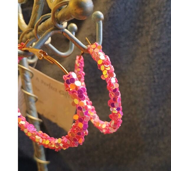 Candy Pink Sequin Hoop Earrings Hoops - Picture 2 of 9
